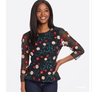 New Draper James- Embroidered Peplum Tulle Top